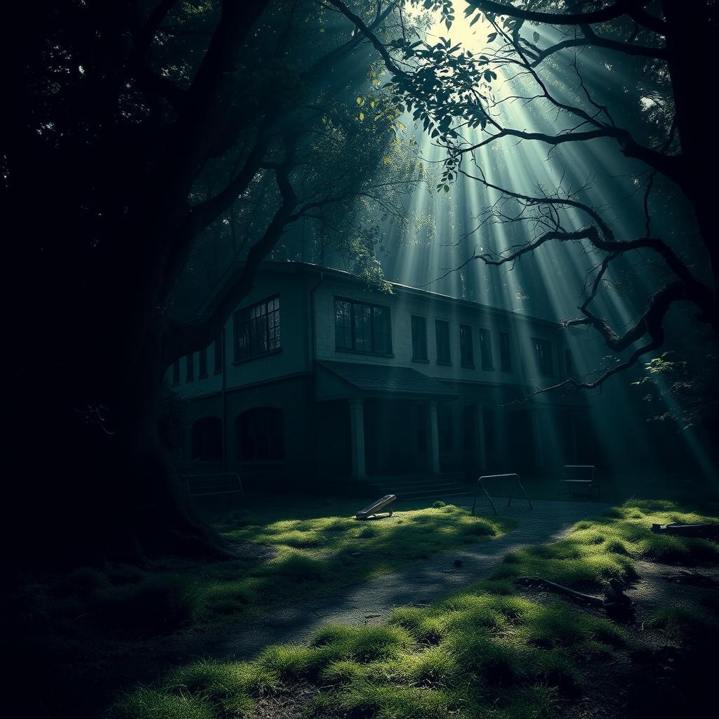 An unsettling scene of a school located in a dark and gloomy forest, where the light struggles to penetrate the thick canopy above