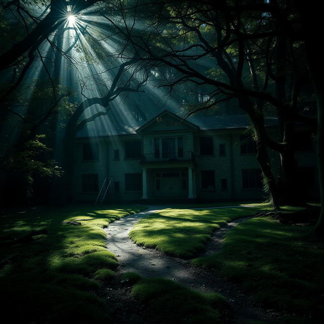 An unsettling scene of a school located in a dark and gloomy forest, where the light struggles to penetrate the thick canopy above