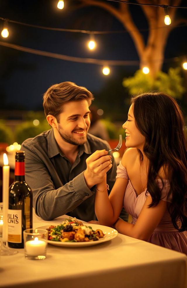 A romantic nighttime scene of a couple on a date