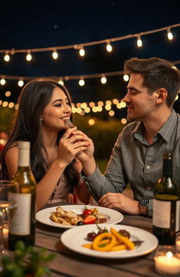A romantic nighttime scene of a couple on a date
