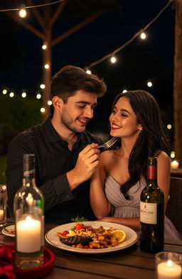 A romantic nighttime scene of a couple on a date