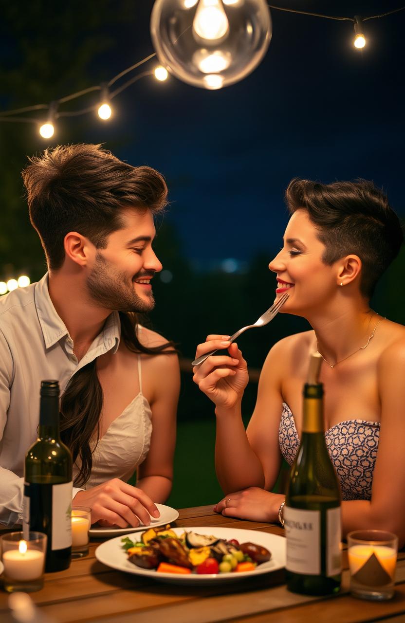 A romantic nighttime scene of a couple on a date