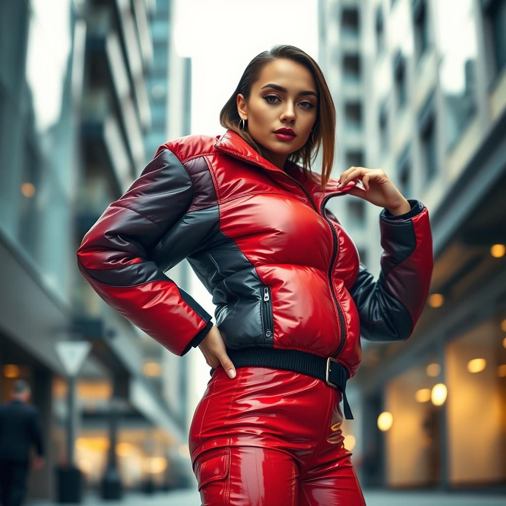 A fashionable young woman wearing a heavy, tight-fitting shiny red and black puffer suit that accentuates her curves