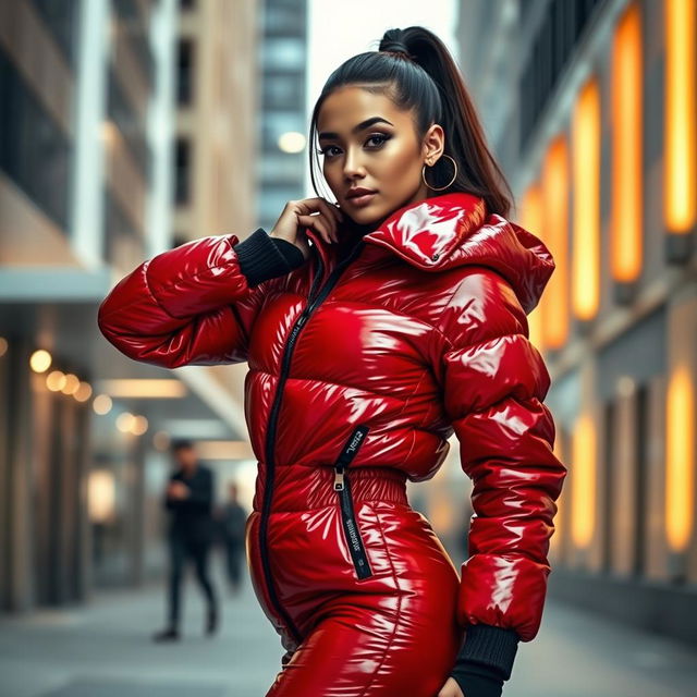 A fashionable young woman wearing a heavy, tight-fitting shiny red and black puffer suit that accentuates her curves