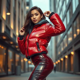 A fashionable young woman wearing a heavy, tight-fitting shiny red and black puffer suit that accentuates her curves