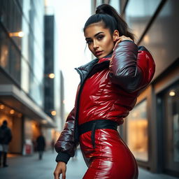 A fashionable young woman wearing a heavy, tight-fitting shiny red and black puffer suit that accentuates her curves