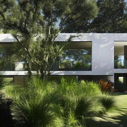 A modern home with sleek lines, a generous use of glass, and a minimalist interior aesthetic. The house is surrounded by lush landscaping that contrasts with the structure's clean design.