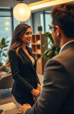 A beautiful woman in a chic office setting, exuding an air of nostalgia and longing as she unexpectedly reunites with a man from her past