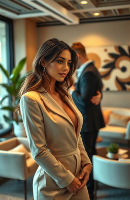 A beautiful woman in a chic office setting, exuding an air of nostalgia and longing as she unexpectedly reunites with a man from her past