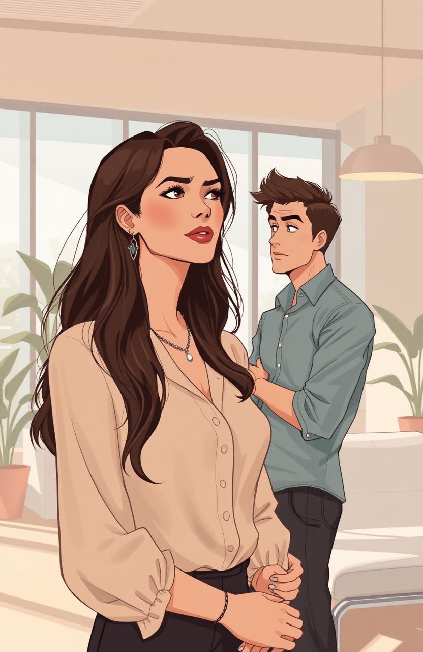 Aesthetic art illustration of a woman who is stylishly dressed, deep in thought as she unexpectedly encounters a man from her past in a modern office setting