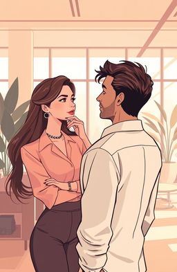 Aesthetic art illustration of a woman who is stylishly dressed, deep in thought as she unexpectedly encounters a man from her past in a modern office setting