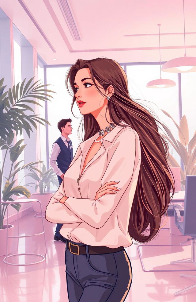 Aesthetic art illustration of a woman who is stylishly dressed, deep in thought as she unexpectedly encounters a man from her past in a modern office setting