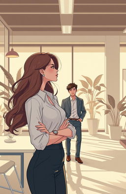 Aesthetic art illustration of a woman who is stylishly dressed, deep in thought as she unexpectedly encounters a man from her past in a modern office setting
