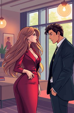Aesthetic art illustration of a woman in a fashionable outfit, with long flowing hair, looking thoughtfully at a handsome man from her past