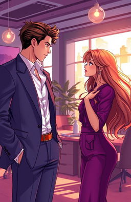 Aesthetic art illustration of a woman in a fashionable outfit, with long flowing hair, looking thoughtfully at a handsome man from her past