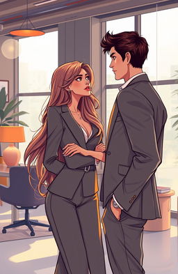 Aesthetic art illustration of a woman in a fashionable outfit, with long flowing hair, looking thoughtfully at a handsome man from her past