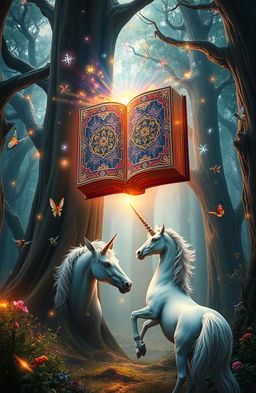 A stunning depiction of a magical anthology, featuring an intricately designed book floating in mid-air, surrounded by vibrant, glowing magical symbols and ethereal light