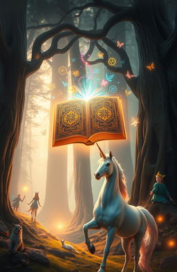 A stunning depiction of a magical anthology, featuring an intricately designed book floating in mid-air, surrounded by vibrant, glowing magical symbols and ethereal light