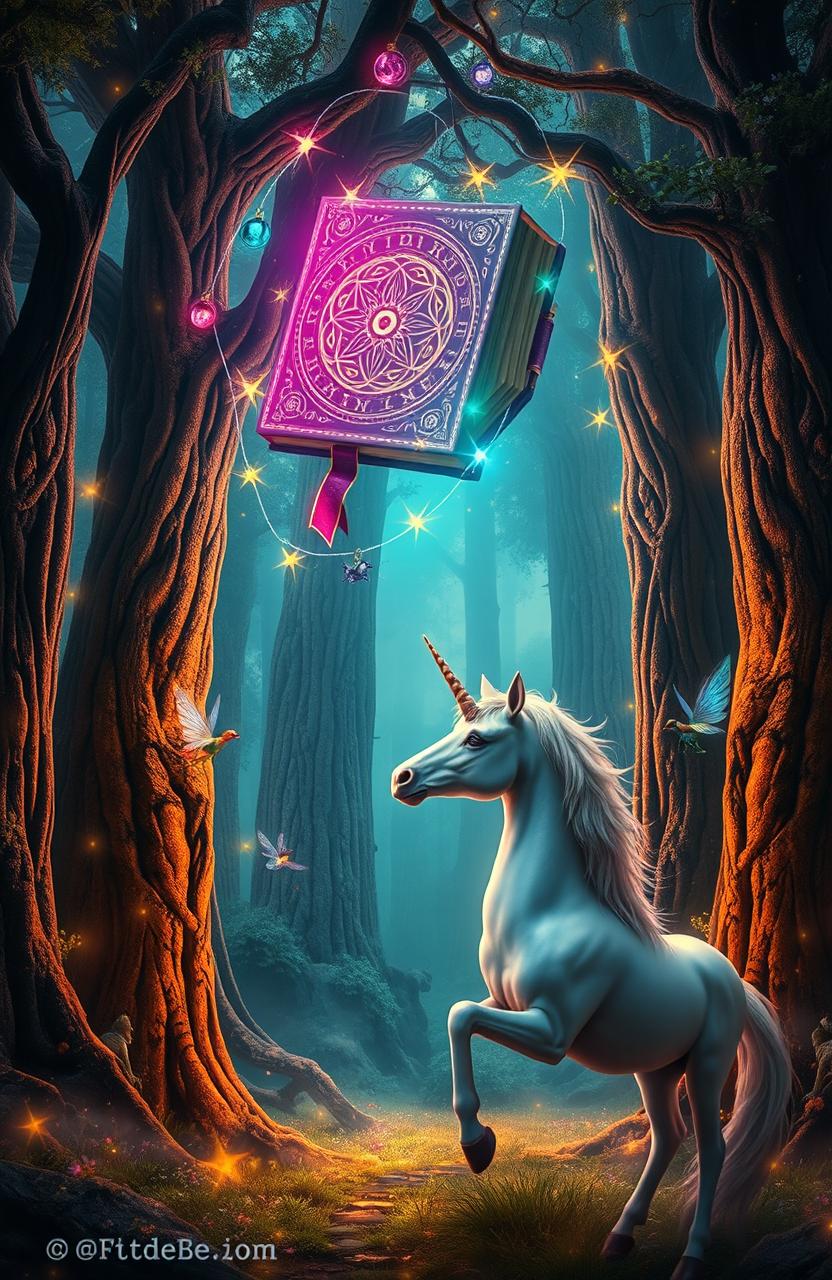 A stunning depiction of a magical anthology, featuring an intricately designed book floating in mid-air, surrounded by vibrant, glowing magical symbols and ethereal light