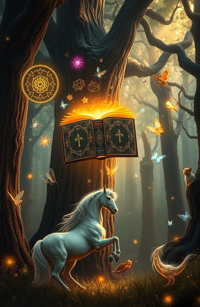 A stunning depiction of a magical anthology, featuring an intricately designed book floating in mid-air, surrounded by vibrant, glowing magical symbols and ethereal light