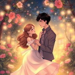 A romantic art illustration depicting a beautiful girl and a handsome man gradually transitioning from friends to lovers