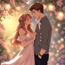 A romantic art illustration depicting a beautiful girl and a handsome man gradually transitioning from friends to lovers