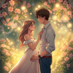A romantic art illustration depicting a beautiful girl and a handsome man gradually transitioning from friends to lovers