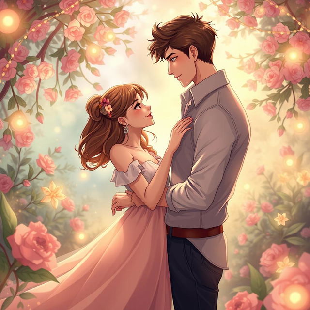 A romantic art illustration depicting a beautiful girl and a handsome man gradually transitioning from friends to lovers