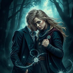 A dramatic and intense fan art of Draco Malfoy and Hermione Granger from Harry Potter, depicting their struggle and connection in a dark and captivating atmosphere