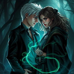 A dramatic and intense fan art of Draco Malfoy and Hermione Granger from Harry Potter, depicting their struggle and connection in a dark and captivating atmosphere