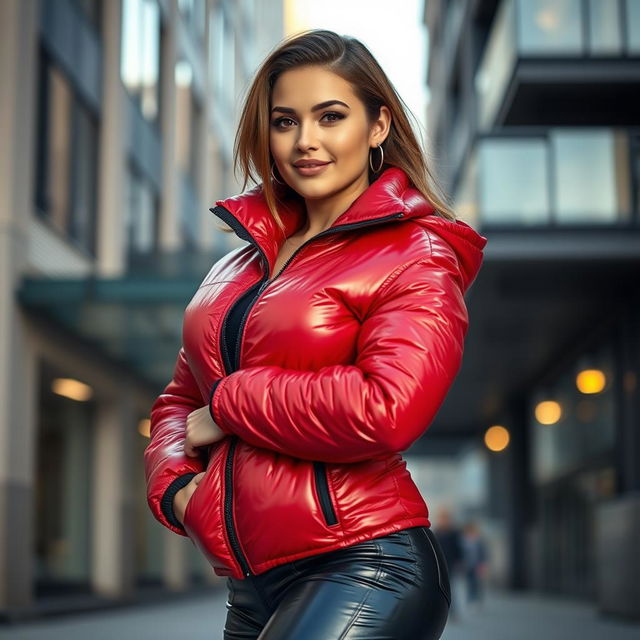 A stunning young woman with a voluptuous figure, wearing a heavy, tight-fitting shiny red and black puffer suit that accentuates her curves beautifully