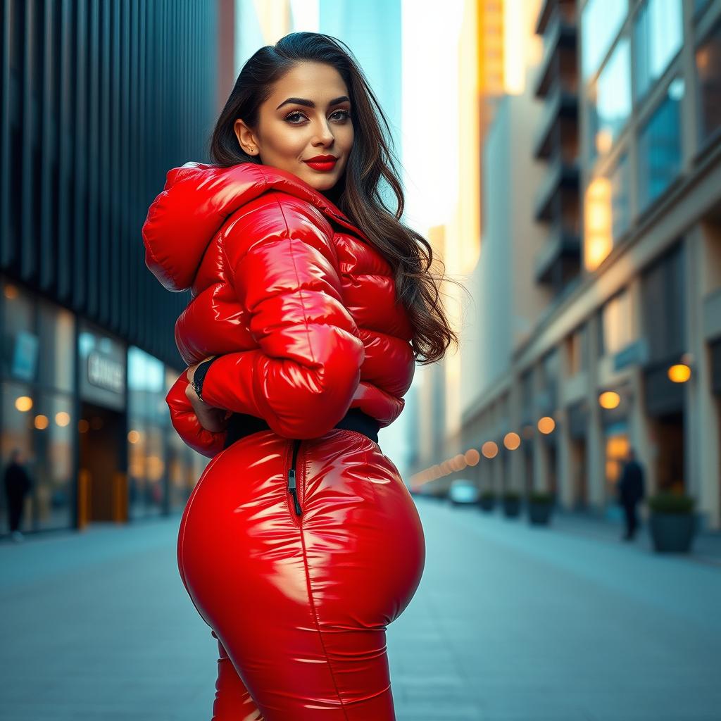 A stunning young woman with a voluptuous figure, wearing a heavy, tight-fitting shiny red and black puffer suit that accentuates her curves beautifully