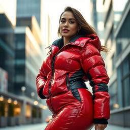A stunning young woman with a voluptuous figure, wearing a heavy, tight-fitting shiny red and black puffer suit that accentuates her curves beautifully