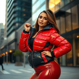 A stunning young woman with a voluptuous figure, wearing a heavy, tight-fitting shiny red and black puffer suit that accentuates her curves beautifully
