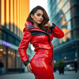 A stunning young woman with a curvy figure, dressed in a heavy, tight-fitting shiny red and black puffer suit that accentuates her silhouette and highlights her voluptuous curves