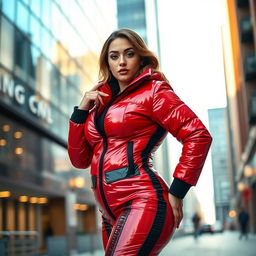 A stunning young woman with a curvy figure, dressed in a heavy, tight-fitting shiny red and black puffer suit that accentuates her silhouette and highlights her voluptuous curves