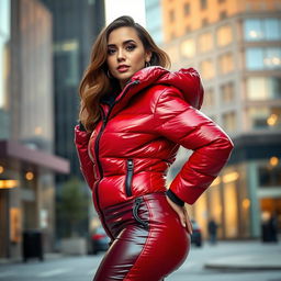 A stunning young woman with a curvy figure, dressed in a heavy, tight-fitting shiny red and black puffer suit that accentuates her silhouette and highlights her voluptuous curves