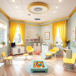 A beautifully designed pediatrician's office for children, featuring a playful and welcoming atmosphere