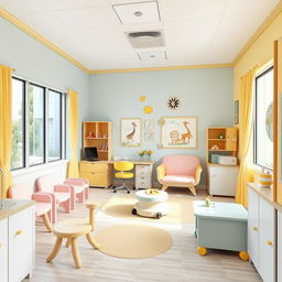 A beautifully designed pediatrician's office for children, featuring a playful and welcoming atmosphere