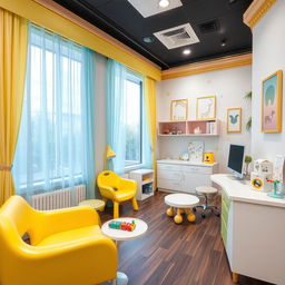 A beautifully designed pediatrician's office for children, featuring a playful and welcoming atmosphere