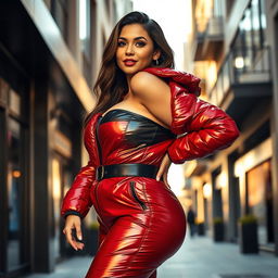A fashionable young woman with a curvy silhouette, dressed in a heavy, tight-fitting shiny red and black puffer suit that highlights her ample bosom while subtly downplaying her smaller backside