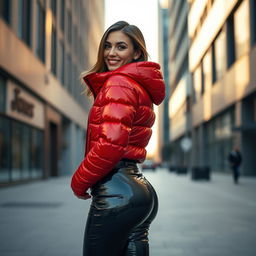 A stunning young woman with an hourglass figure, dressed in a heavy, tight-fitting shiny red and black puffer suit that accentuates her ample bosom while subtly showcasing her smaller backside