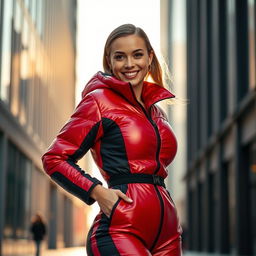 A stunning young woman with an hourglass figure, dressed in a heavy, tight-fitting shiny red and black puffer suit that accentuates her ample bosom while subtly showcasing her smaller backside