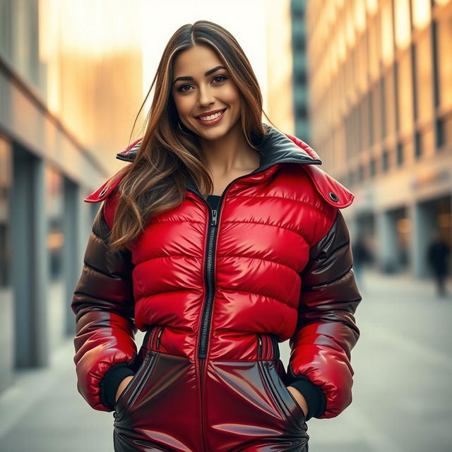 A stunning young woman with an hourglass figure, dressed in a heavy, tight-fitting shiny red and black puffer suit that accentuates her ample bosom while subtly showcasing her smaller backside