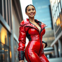 A stunning young woman with an hourglass figure, dressed in a heavy, tight-fitting shiny red and black puffer suit that accentuates her ample bosom while subtly showcasing her smaller backside