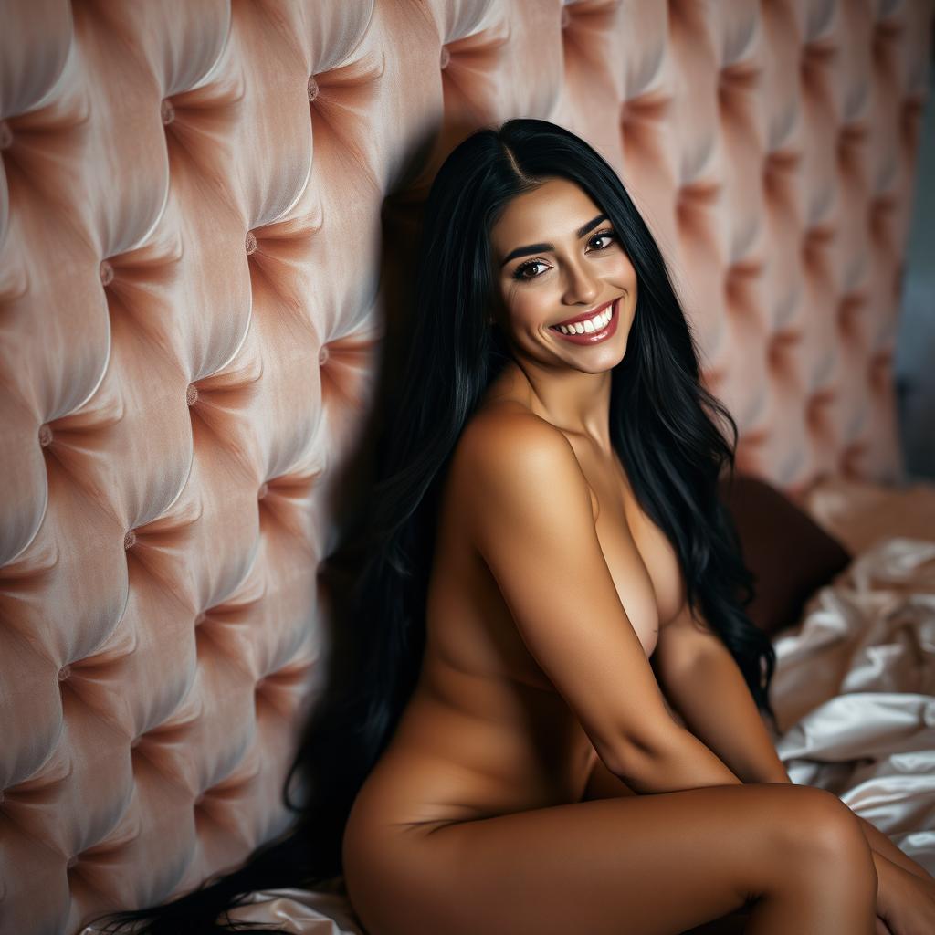 A beautiful woman with long dark hair, sitting against a plush velvet wall in a softly lit boudoir