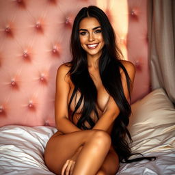 A beautiful woman with long dark hair, sitting against a plush velvet wall in a softly lit boudoir