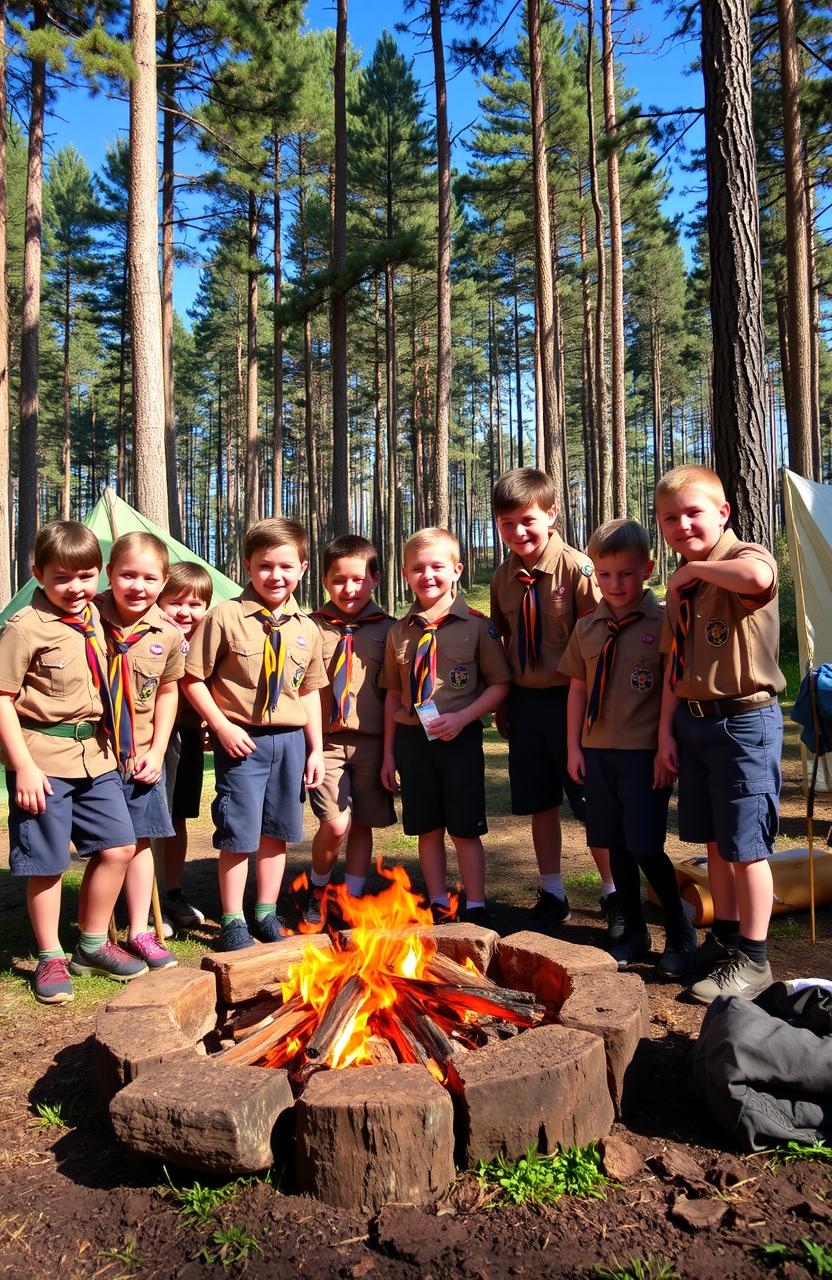 A group of enthusiastic scouts aged 11 to 15 years old engaged in a fun outdoor activity