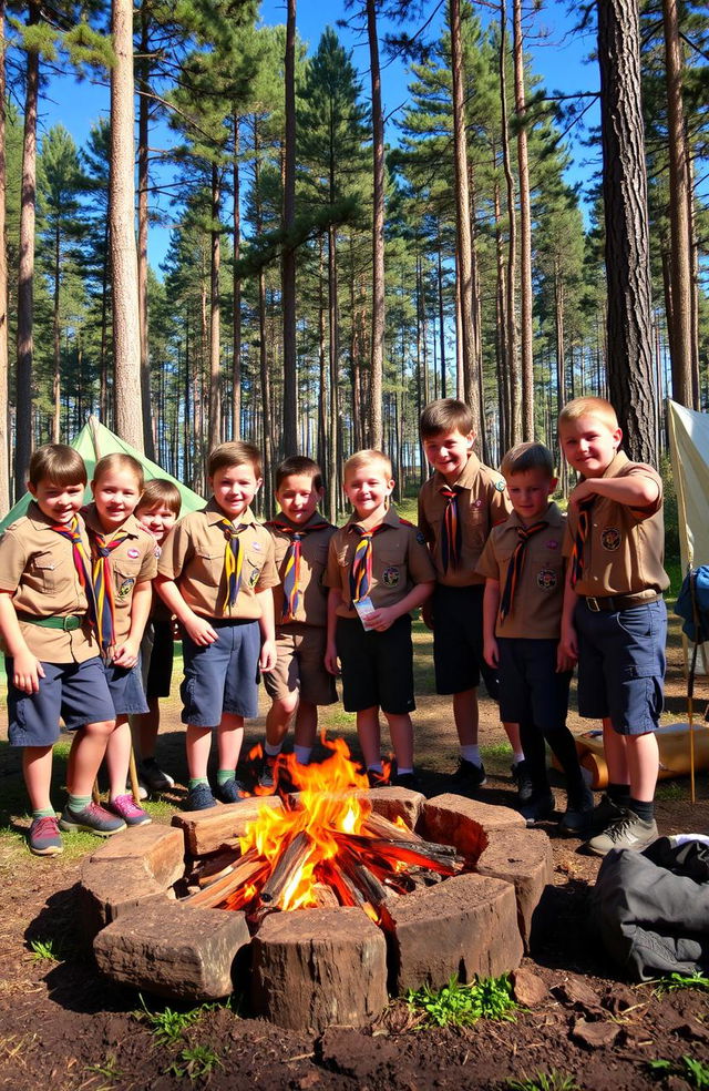 A group of enthusiastic scouts aged 11 to 15 years old engaged in a fun outdoor activity