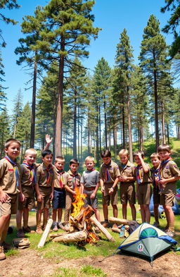 A group of enthusiastic scouts aged 11 to 15 years old engaged in a fun outdoor activity